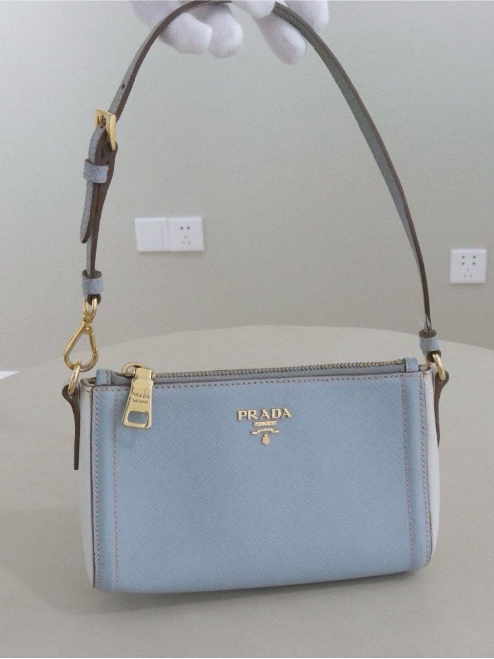 PRADA Powder Blue Saffiano Leather Shoulder Bag with Gold Hardware